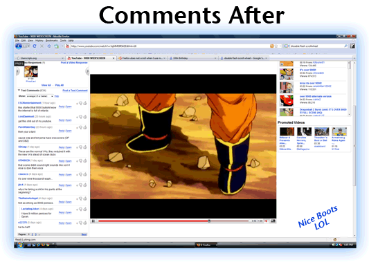 Comments After - VidzBigger automatically keeps the video on screen & the largest size at ALL TIMES!  No more waiting until the end, or pausing the video to read comments!